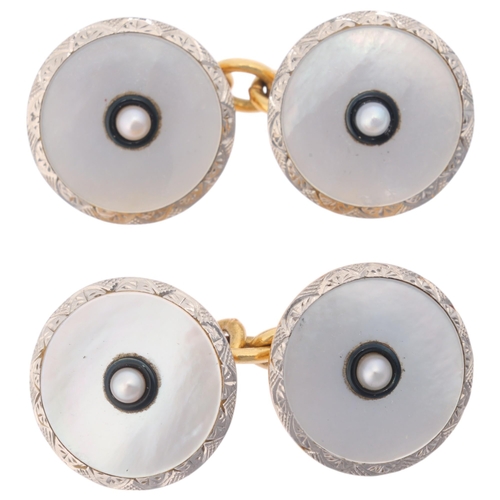 1129 - A pair of Art Deco 18ct gold and platinum mother-of-pearl cufflinks, circular form set with central ... 