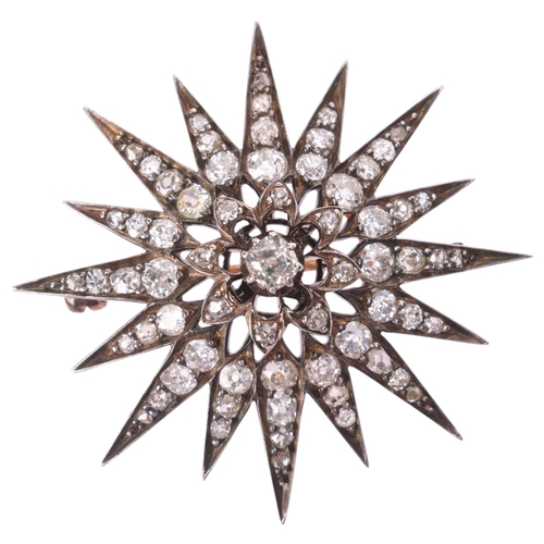 1130 - An Antique Victorian diamond star brooch, the central cut-down collet set old mine-cut diamond weigh... 