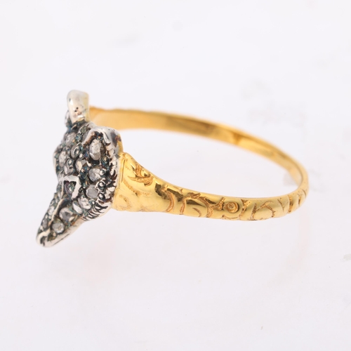 1133 - An 18ct gold and silver diamond fox mask ring, realistically modelled with round cabochon ruby eyes,... 