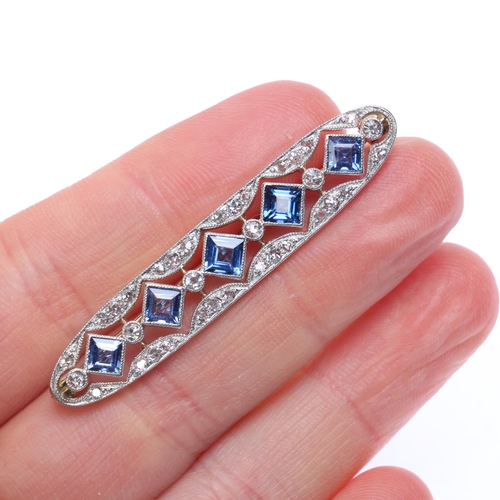 1134 - An Art Deco sapphire and diamond plaque brooch, circa 1930, of elongated oval openwork form, millegr... 