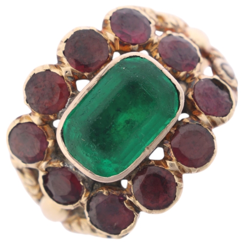 1137 - An Antique Georgian green paste and garnet cluster mourning ring, circa 1820, set with octagonal ste... 