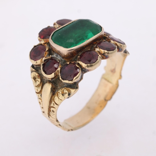 1137 - An Antique Georgian green paste and garnet cluster mourning ring, circa 1820, set with octagonal ste... 