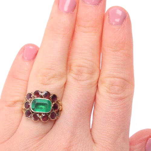 1137 - An Antique Georgian green paste and garnet cluster mourning ring, circa 1820, set with octagonal ste... 