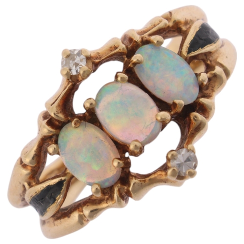 1139 - A 14ct gold opal and diamond openwork ring, maker JTG, claw set with oval cabochon opals, within fau... 