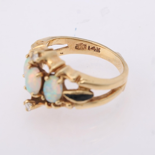 1139 - A 14ct gold opal and diamond openwork ring, maker JTG, claw set with oval cabochon opals, within fau... 