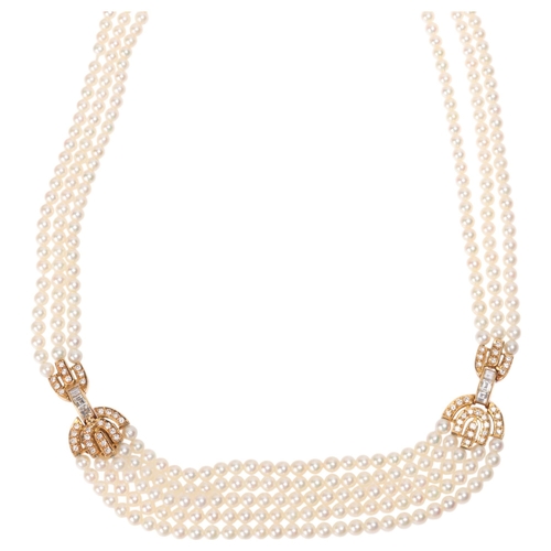 1140 - BOUCHERON - an 18ct gold multi-strand pearl and diamond necklace, the graduated pearls ranging from ... 