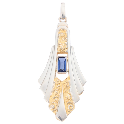 1141 - An Art Deco French 18ct two-colour gold sapphire pendant, geometric form with relief embossed floral... 