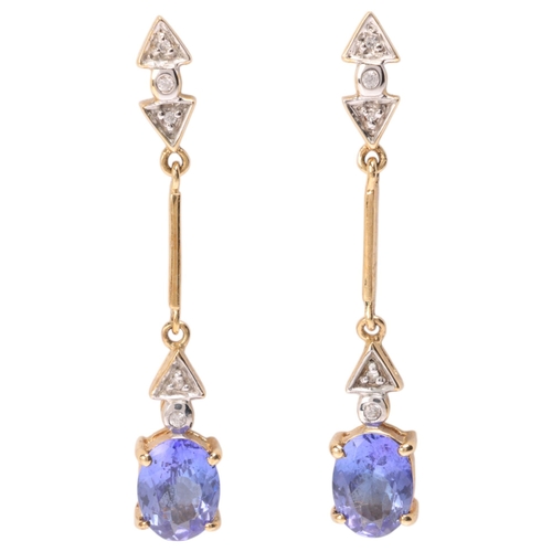 1143 - A pair of 9ct gold tanzanite and cubic zirconia drop stud earrings, claw set with oval mixed-cut tan... 