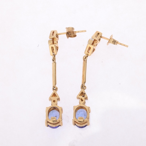 1143 - A pair of 9ct gold tanzanite and cubic zirconia drop stud earrings, claw set with oval mixed-cut tan... 