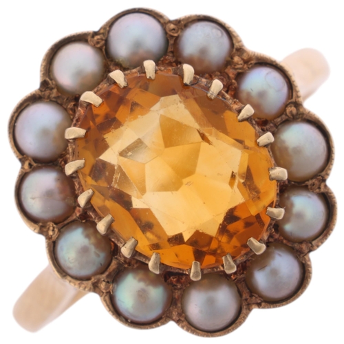 1150 - An Antique 9ct gold citrine split pearl cluster ring, the flowerhead set with oval mixed-cut citrine... 