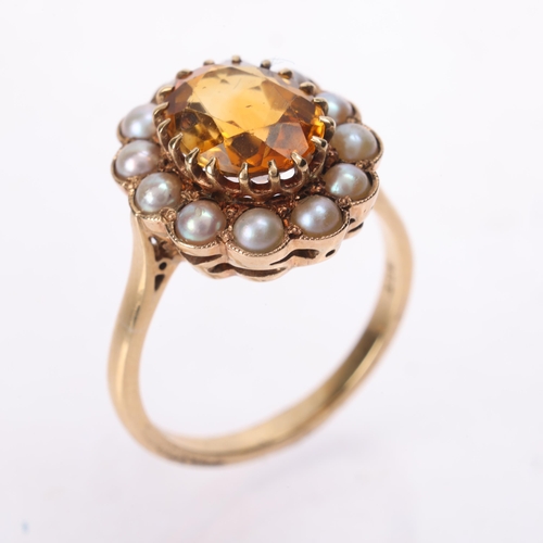 1150 - An Antique 9ct gold citrine split pearl cluster ring, the flowerhead set with oval mixed-cut citrine... 