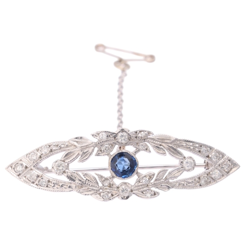 1154 - A 9ct white gold sapphire and diamond openwork brooch, maker ZJ, Birmingham 1990, in the Art Deco st... 