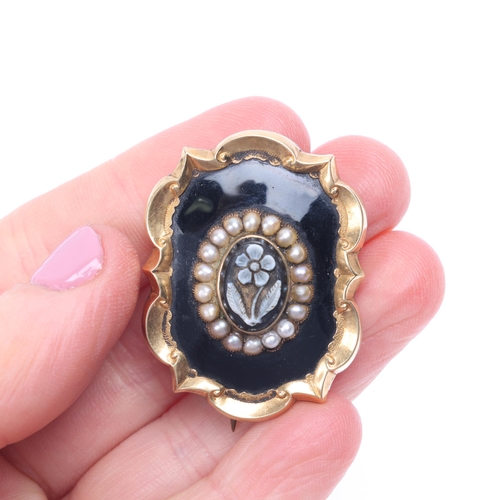 1158 - An Antique Victorian 9ct gold sardonyx and black enamel 'Forget-Me-Not' mourning brooch, circa 1860,... 