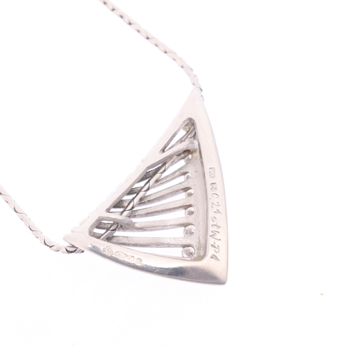 1161 - A platinum diamond openwork fold pendant necklace, by The Platinum Store, import hallmarks London 19... 