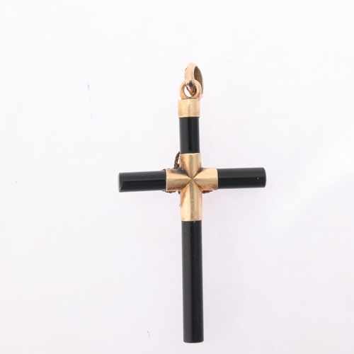 1164 - An Antique Victorian onyx and pearl cross pendant, with applied gold floral motif, 35mm, 1.2g