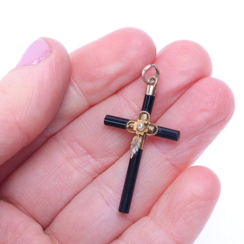 1164 - An Antique Victorian onyx and pearl cross pendant, with applied gold floral motif, 35mm, 1.2g