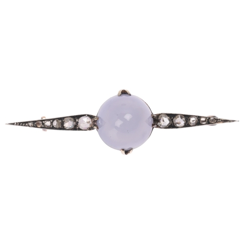 1167 - An Antique Victorian moonstone and diamond brooch, set with round high cabochon blue moonstone flank... 