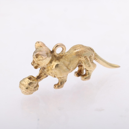 1185 - A 9ct gold 'Cat With String' charm/pendant, by Georg Jensen Ltd, London 1964, 31.8mm, 6.1g