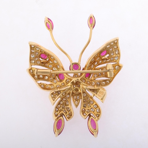 1199 - An 18ct gold ruby and diamond butterfly brooch, the head, wing tips and antennae set with round and ... 