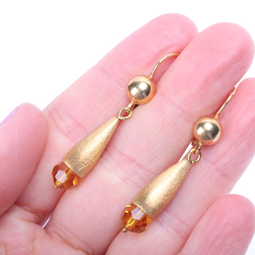 1200 - A pair of Italian 18ct gold citrine drop earrings, textured torpedo drops with kidney fittings, 43.6... 