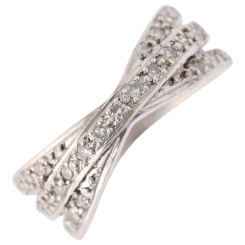 1206 - A 9ct white gold diamond triple band ring, maker AL, London 2001, set with single-cut diamonds, sett... 