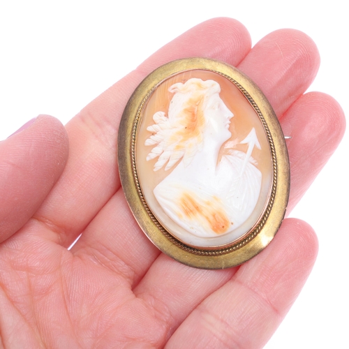 1217 - An Antique 9ct rose gold shell cameo brooch, relief carved depicting Greek Goddess Artemis, 46.4mm, ... 