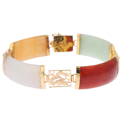 1231 - A Chinese 14ct gold jade 'Dragon' panel bracelet, maker WW, import hallmarks Birmingham 1998, set wi... 