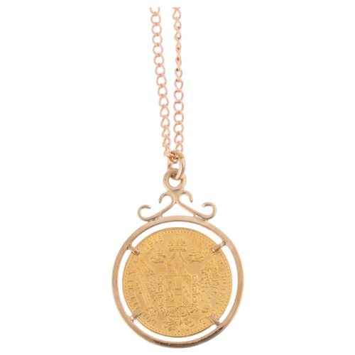 1235 - An Austrian Empire Francis Joseph I gold 1915 one ducat coin pendant necklace, on Antique 9ct rose g... 