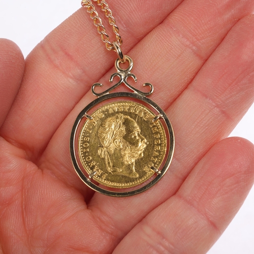 1235 - An Austrian Empire Francis Joseph I gold 1915 one ducat coin pendant necklace, on Antique 9ct rose g... 