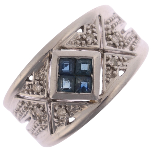 1237 - A 9ct white gold sapphire and diamond band ring, maker MG, set with calibre-cut sapphires and modern... 