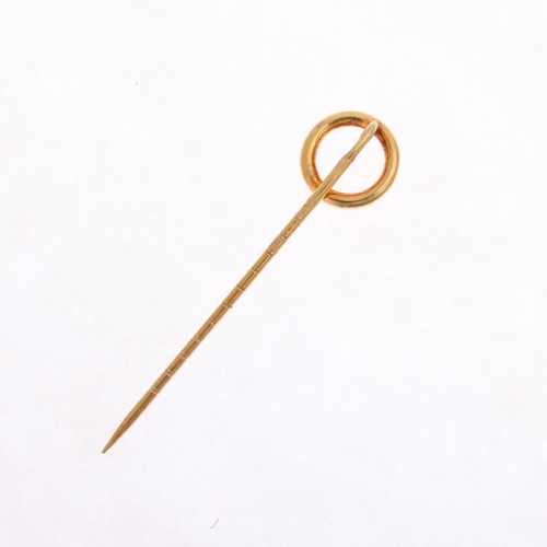 1239 - A modernist 14ct gold hoop stickpin, hoop 9.2mm, overall 39.5mm, 0.6g