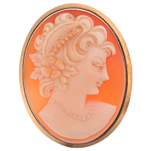 1244 - An 18ct gold shell cameo brooch/pendant, relief carved depicting female profile, 34mm, 6.5g