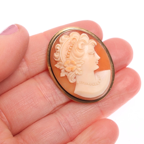 1244 - An 18ct gold shell cameo brooch/pendant, relief carved depicting female profile, 34mm, 6.5g