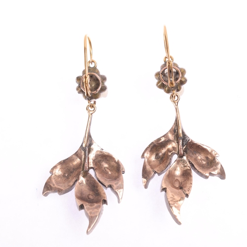 1250 - A pair of Antique Georgian diamond floral drop earrings, set with rose-cut diamonds suspended from l... 