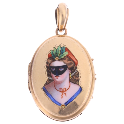 1251 - An Antique Victorian gold and enamel masquerade locket pendant, the front having hand painted enamel... 