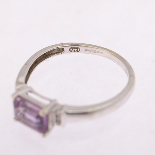 1257 - A 9ct white gold amethyst and diamond dress ring, setting height 5.8mm, size M, 1.7g