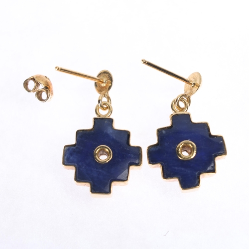 1258 - A pair of 18ct gold lapis lazuli drop stud earrings, of stepped form, 21.5mm, 2.9g