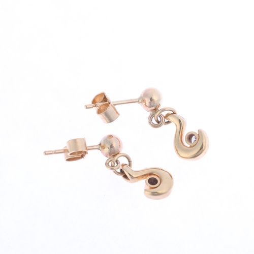 1263 - A pair of 9ct gold diamond drop stud earrings, hook form, rub over set with modern round brilliant-c... 