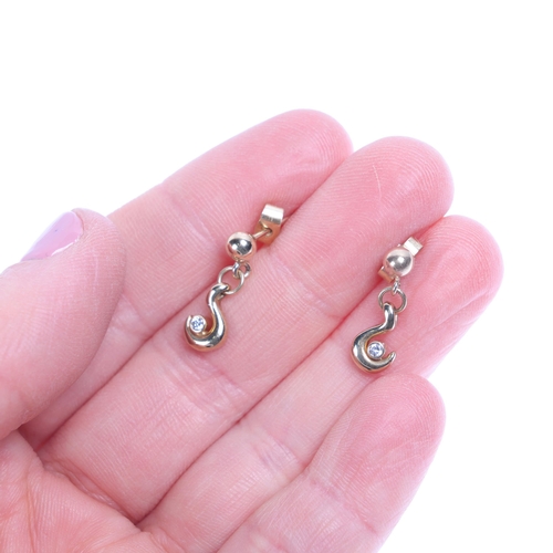 1263 - A pair of 9ct gold diamond drop stud earrings, hook form, rub over set with modern round brilliant-c... 