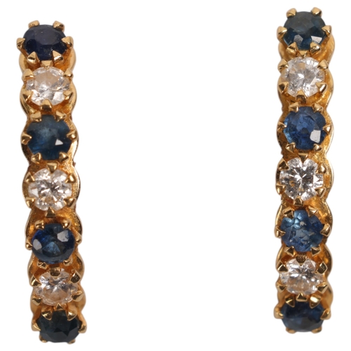 1265 - A pair of French 18ct gold sapphire and diamond half hoop stud earrings, set with round-cut sapphire... 