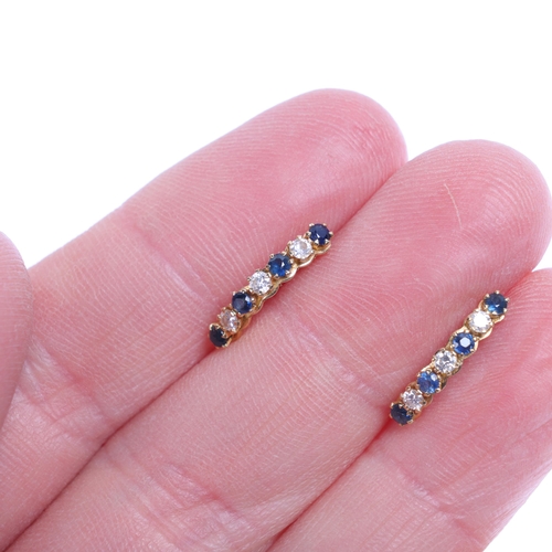 1265 - A pair of French 18ct gold sapphire and diamond half hoop stud earrings, set with round-cut sapphire... 