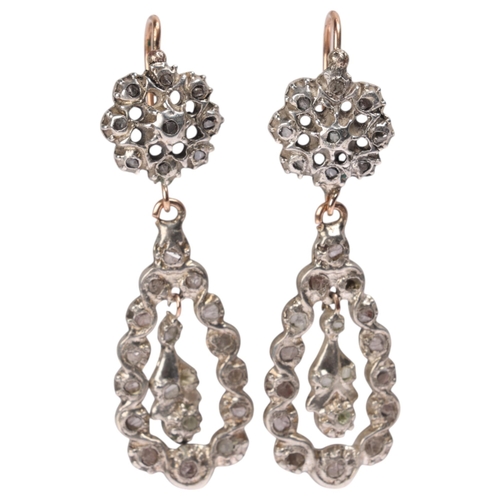 1269 - A pair of Antique Georgian diamond girandole drop earrings, the pear drops set with rose-cut diamond... 