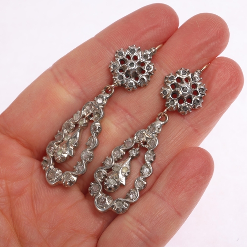 1269 - A pair of Antique Georgian diamond girandole drop earrings, the pear drops set with rose-cut diamond... 