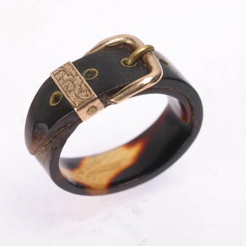 1271 - An Antique Regency tortoiseshell and gold belt buckle band ring, with foliate engraved decoration, s... 