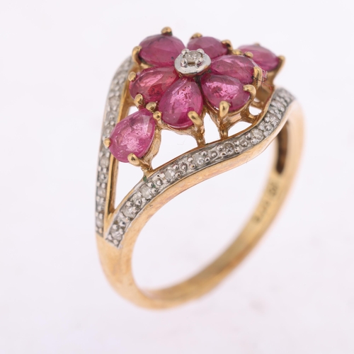 1274 - A 9ct gold ruby and diamond flowerhead dress ring, set with pear-cut rubies and single-cut diamonds,... 