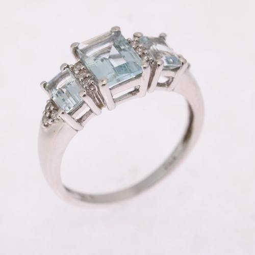 1278 - A 9ct white gold aquamarine and diamond half hoop ring, set with rectangular step-cut aquamarines an... 