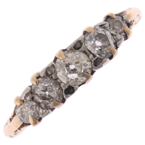 1279 - An Antique 18ct gold five stone diamond half hoop ring, set with old European-cut diamonds and diamo... 