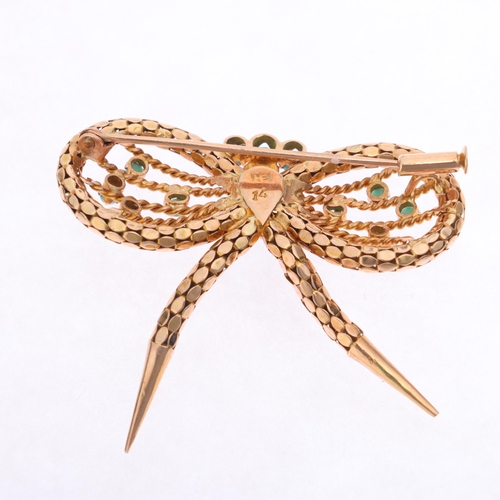 1281 - ** WITHDRAWN** A 14ct gold turquoise ribbon bow brooch, maker HE, popcorn link decoration with openw... 