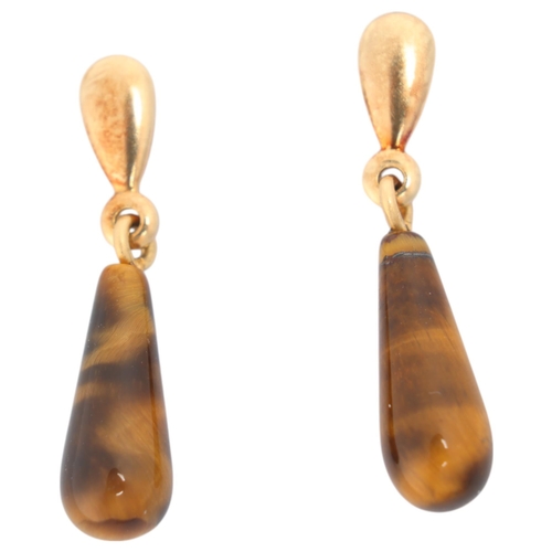 1283 - A pair of 18ct gold tigers eye stud drop earrings, set with polished teardrop tigers eye, 21.9mm, 1.... 