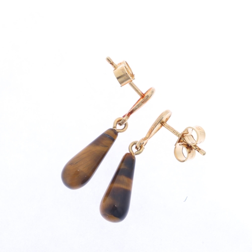 1283 - A pair of 18ct gold tigers eye stud drop earrings, set with polished teardrop tigers eye, 21.9mm, 1.... 